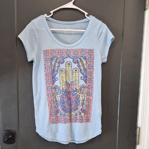 Lucky Brand Light Blue Short Sleeve Tee with Multicolor Hamsa Print